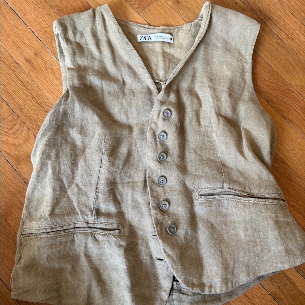 Zara Beige Linen Button-Front Vest